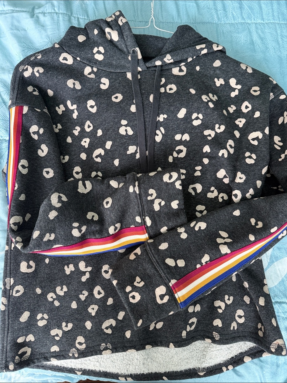 Evereve Dark Gray Leopard Hoodie with Rainbow Sleeve Stripes